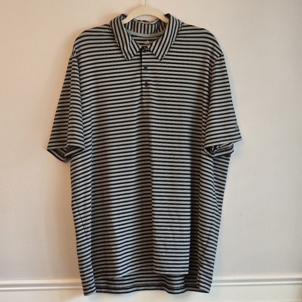 Adidas Men's 2XL Golf Polo 2 Color Striped Blue and White Shirt Side Slits - Picture 2 of 12